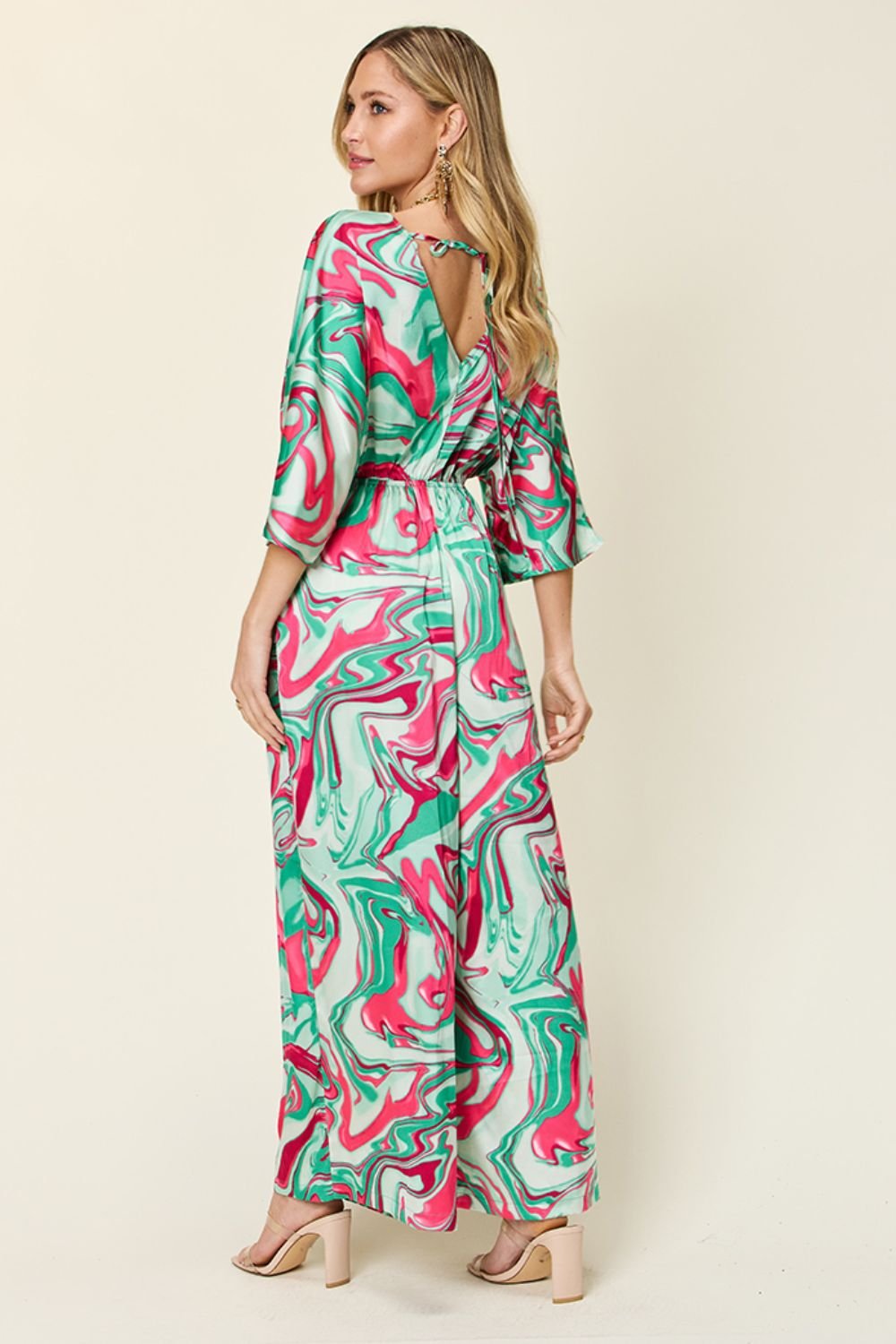 Double Take - Green Printed Half Sleeve Wide Leg Jumpsuit