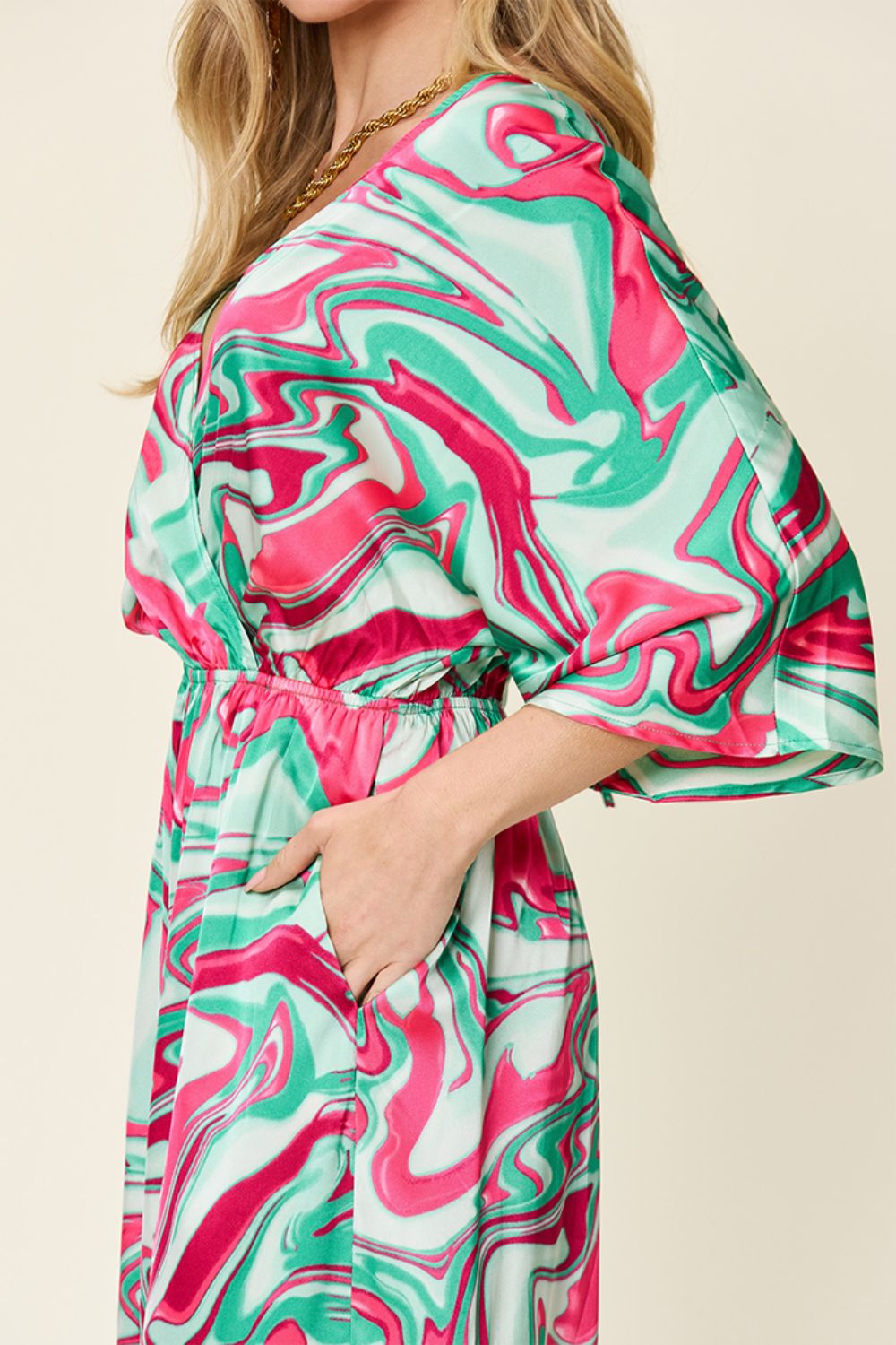 Double Take - Green Printed Half Sleeve Wide Leg Jumpsuit