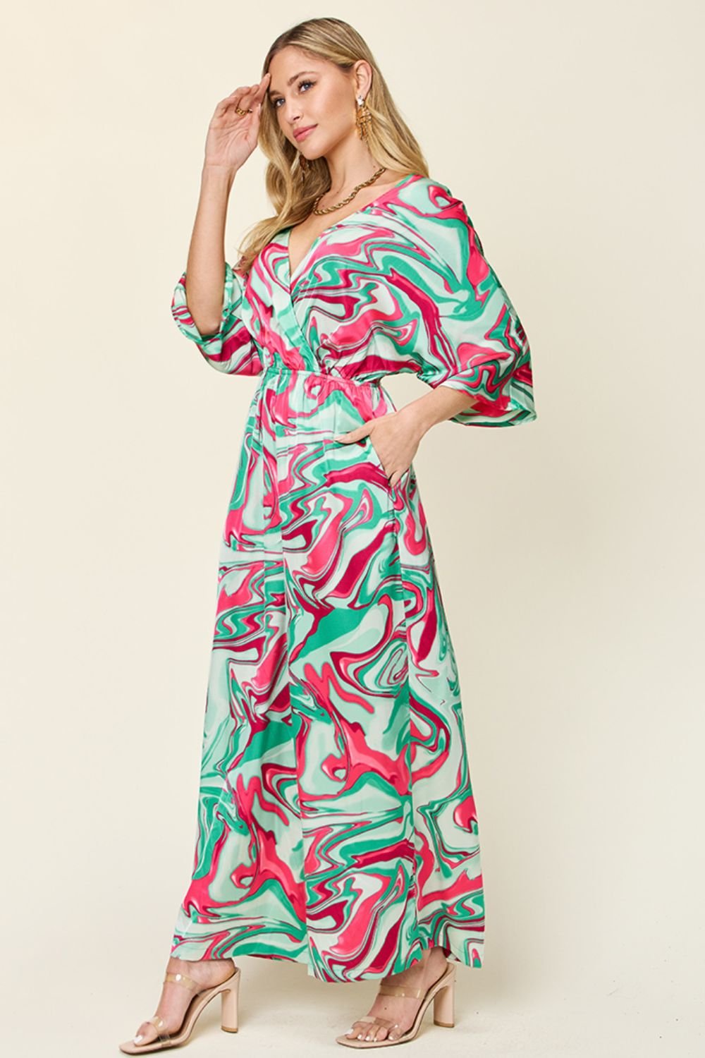 Double Take - Green Printed Half Sleeve Wide Leg Jumpsuit