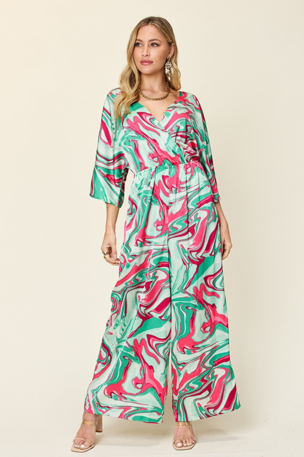 Double Take - Green Printed Half Sleeve Wide Leg Jumpsuit