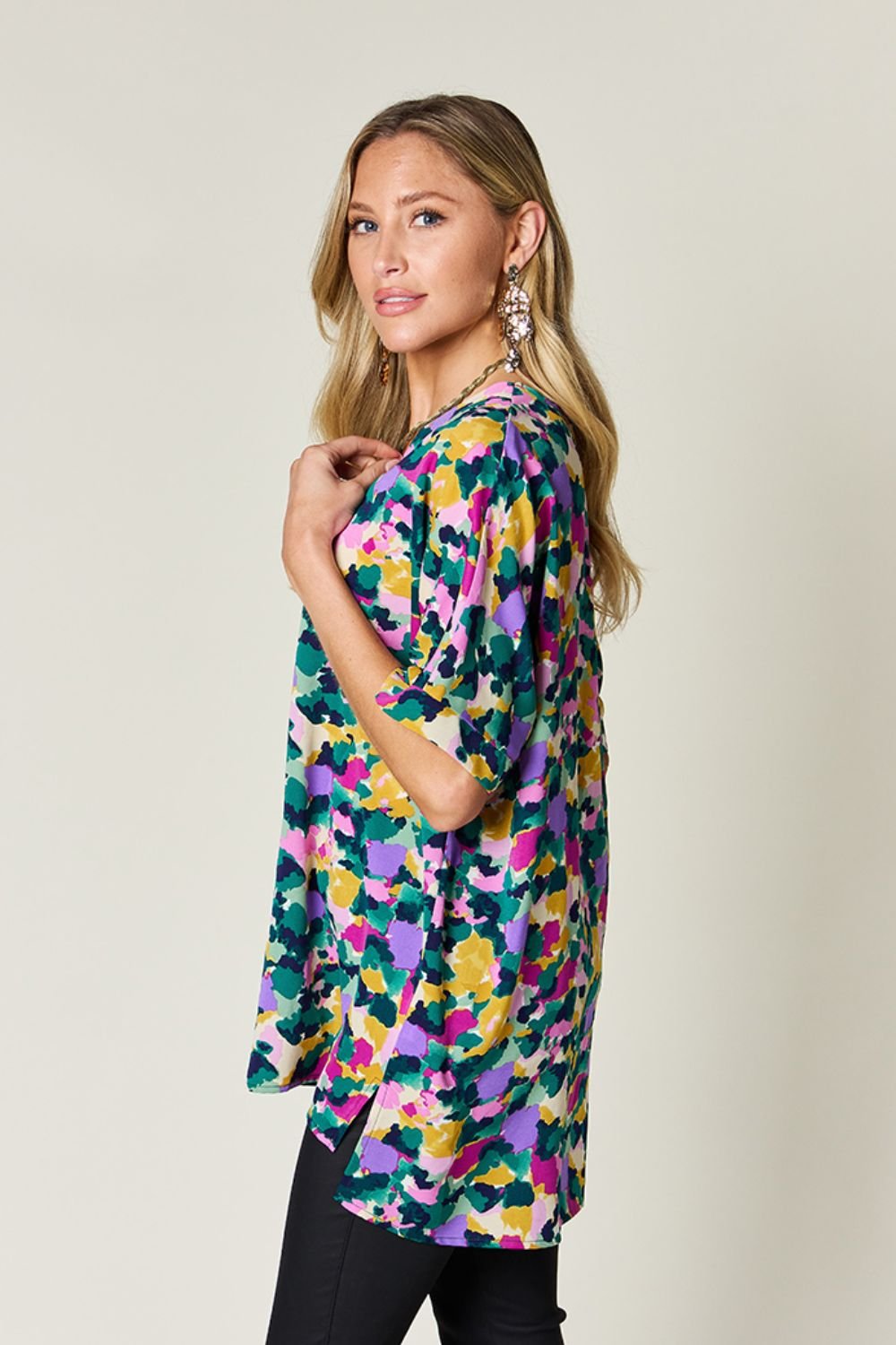 Double Take - Green Printed V - Neck Short Sleeve Tunic Top