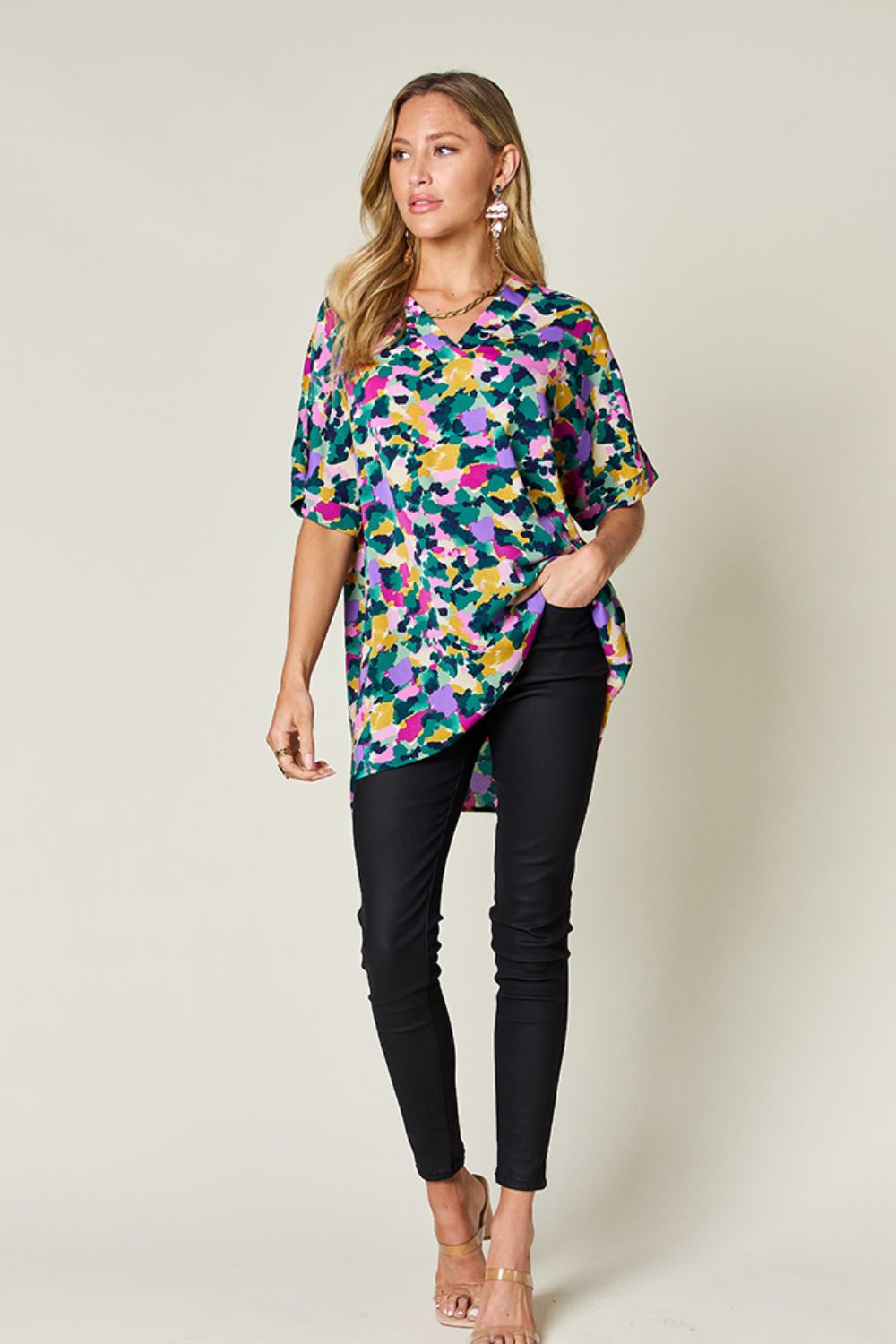 Double Take - Green Printed V - Neck Short Sleeve Tunic Top