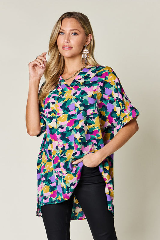 Double Take - Green Printed V - Neck Short Sleeve Tunic Top