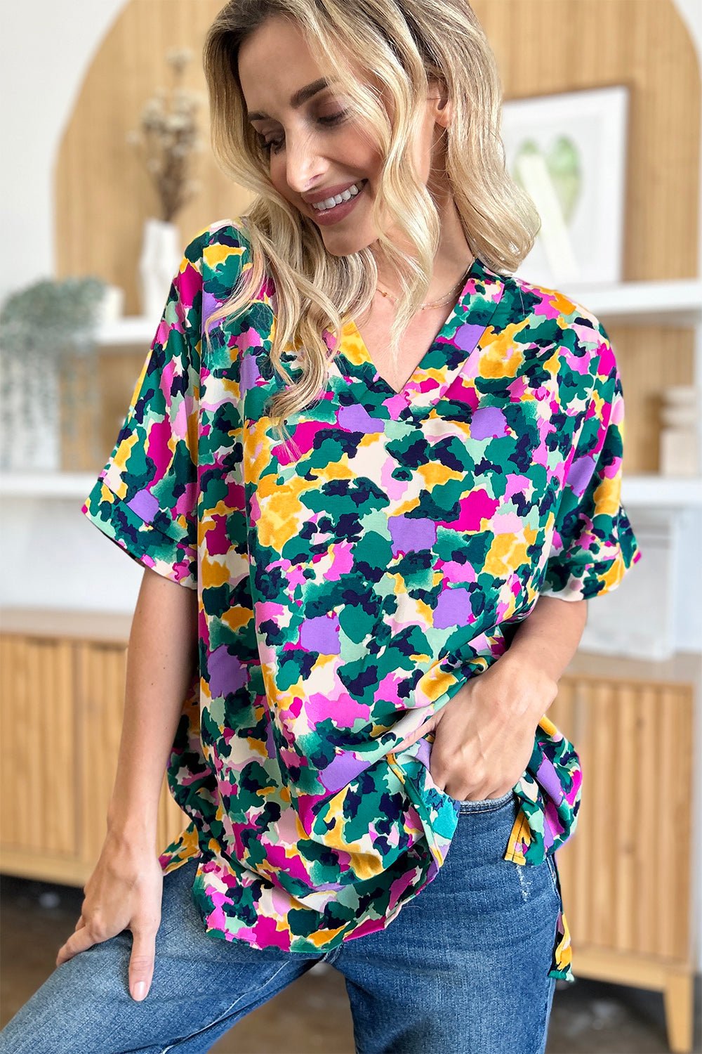 Double Take - Green Printed V - Neck Short Sleeve Tunic Top