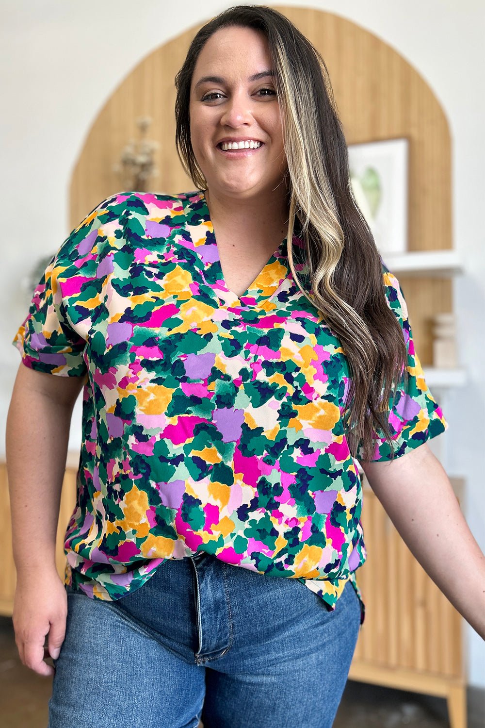 Double Take - Green Printed V - Neck Short Sleeve Tunic Top