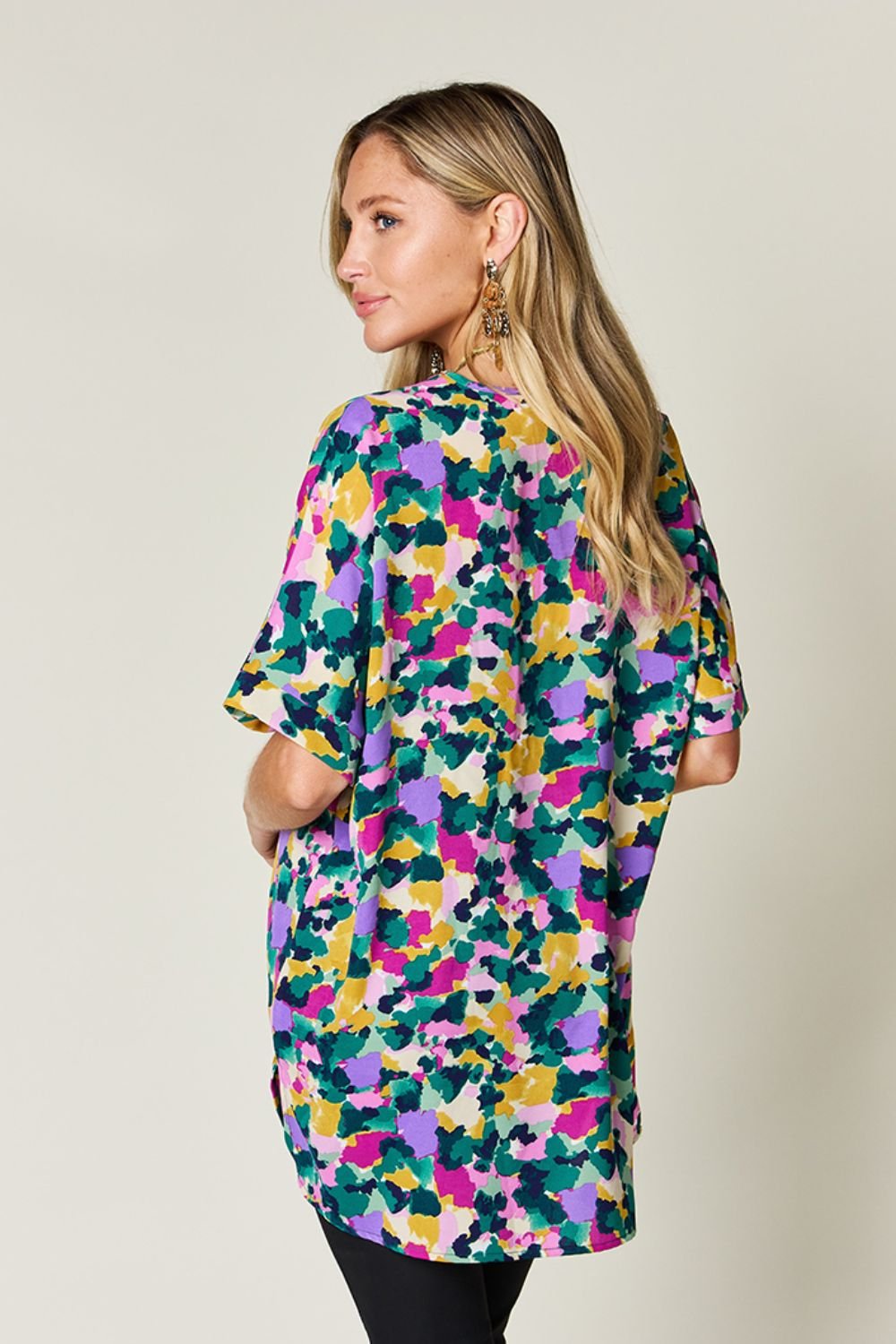 Double Take - Green Printed V - Neck Short Sleeve Tunic Top