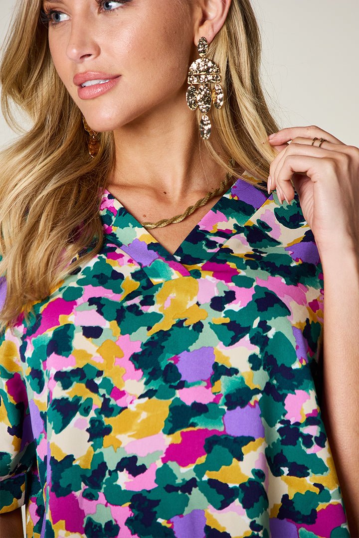 Double Take - Green Printed V - Neck Short Sleeve Tunic Top