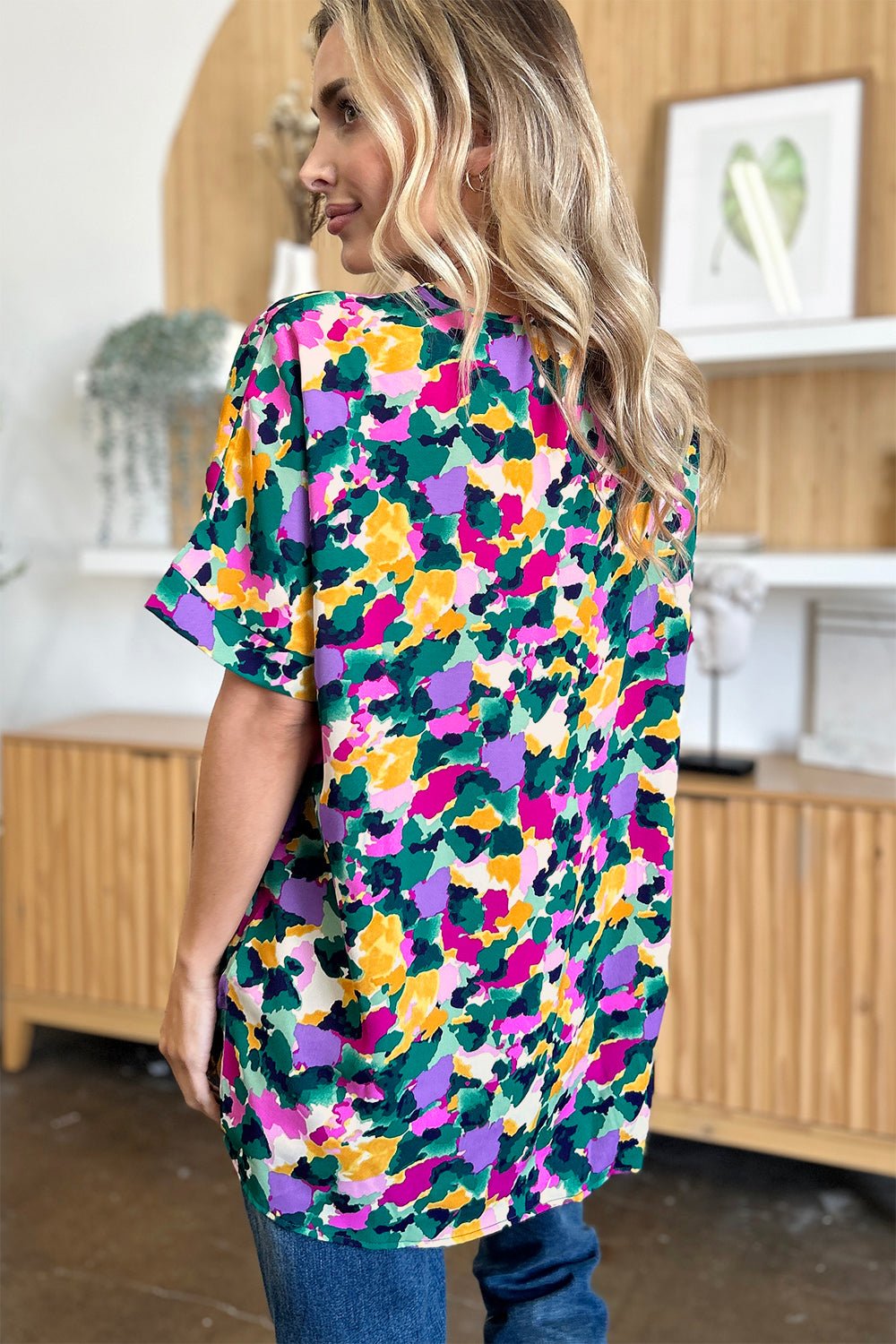 Double Take - Green Printed V - Neck Short Sleeve Tunic Top