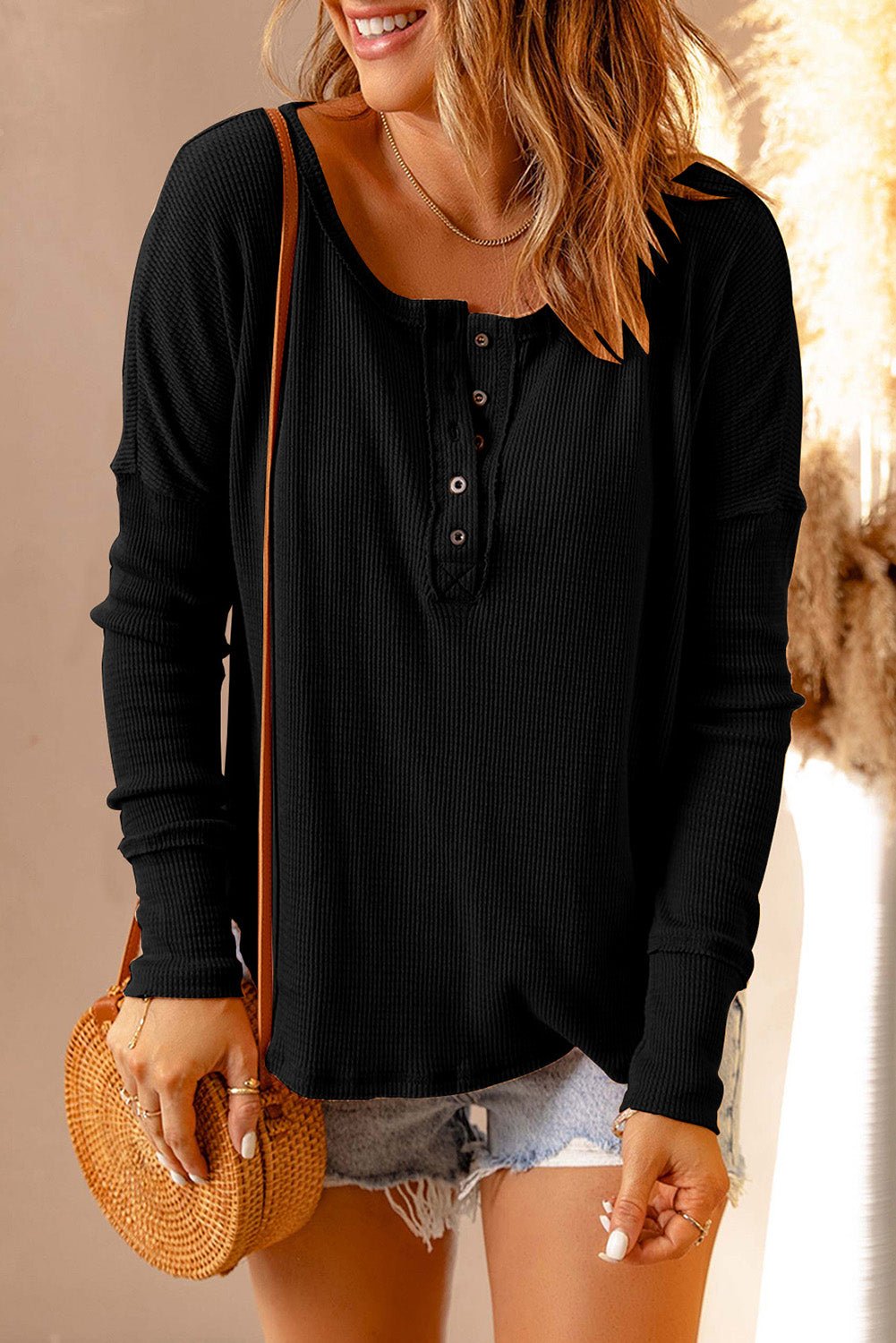 Double Take - Half Button Drop Shoulder Long Sleeve T-Shirt