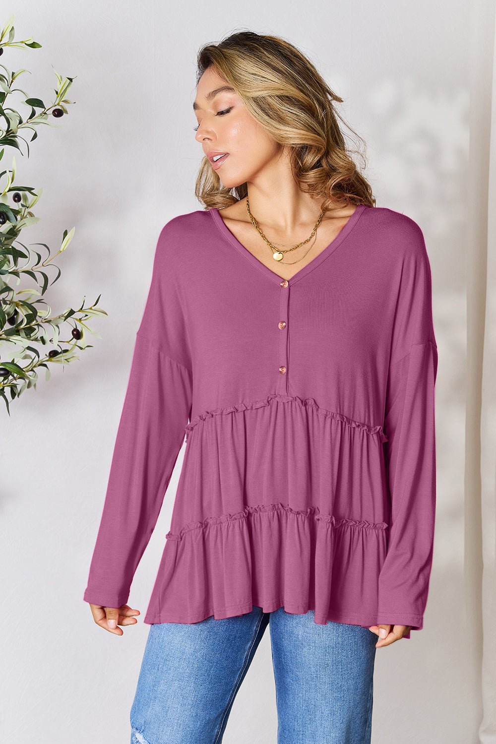 Double Take - Half Button Long Sleeve Babydoll Blouse