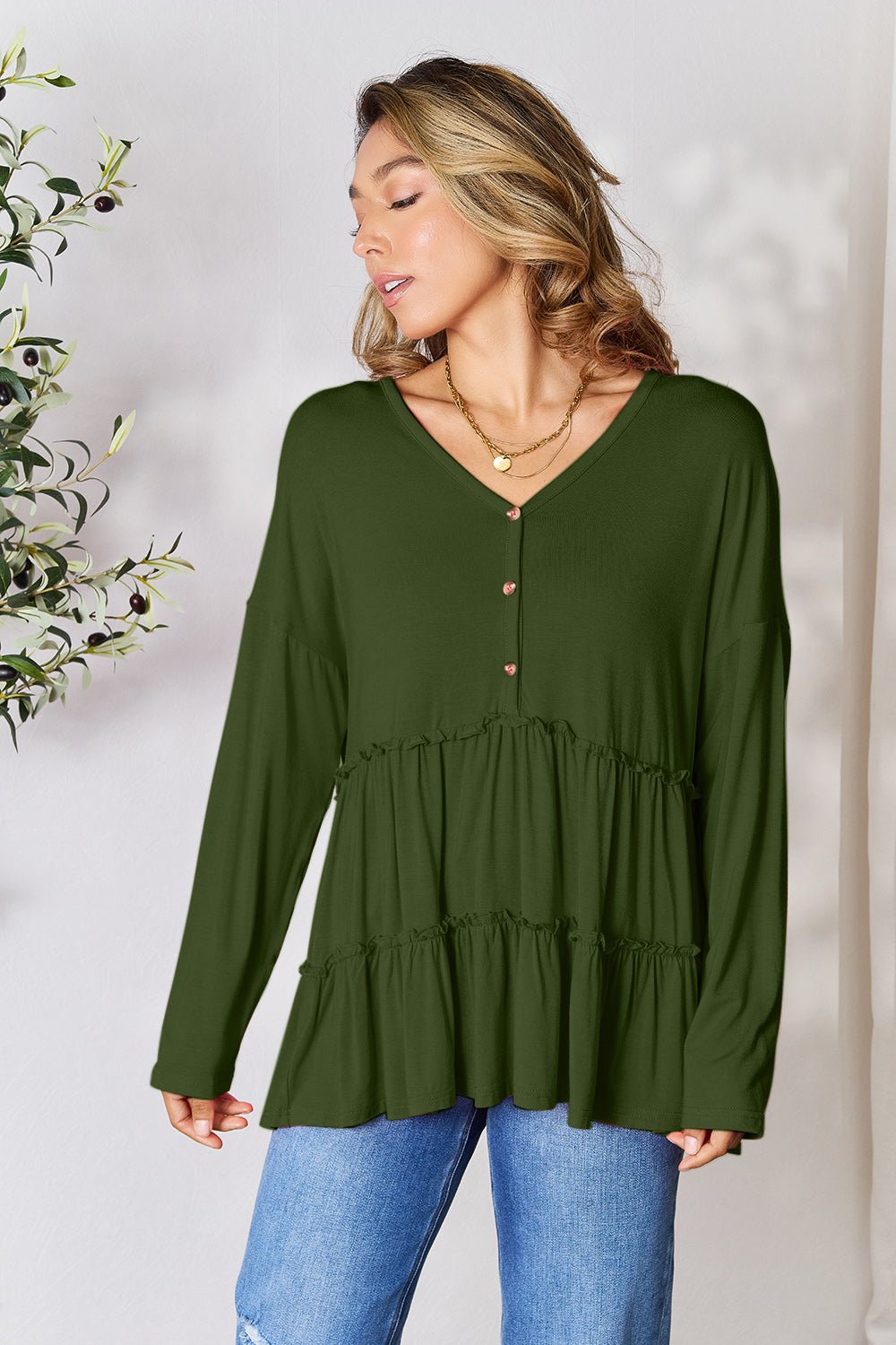 Double Take - Half Button Long Sleeve Babydoll Blouse