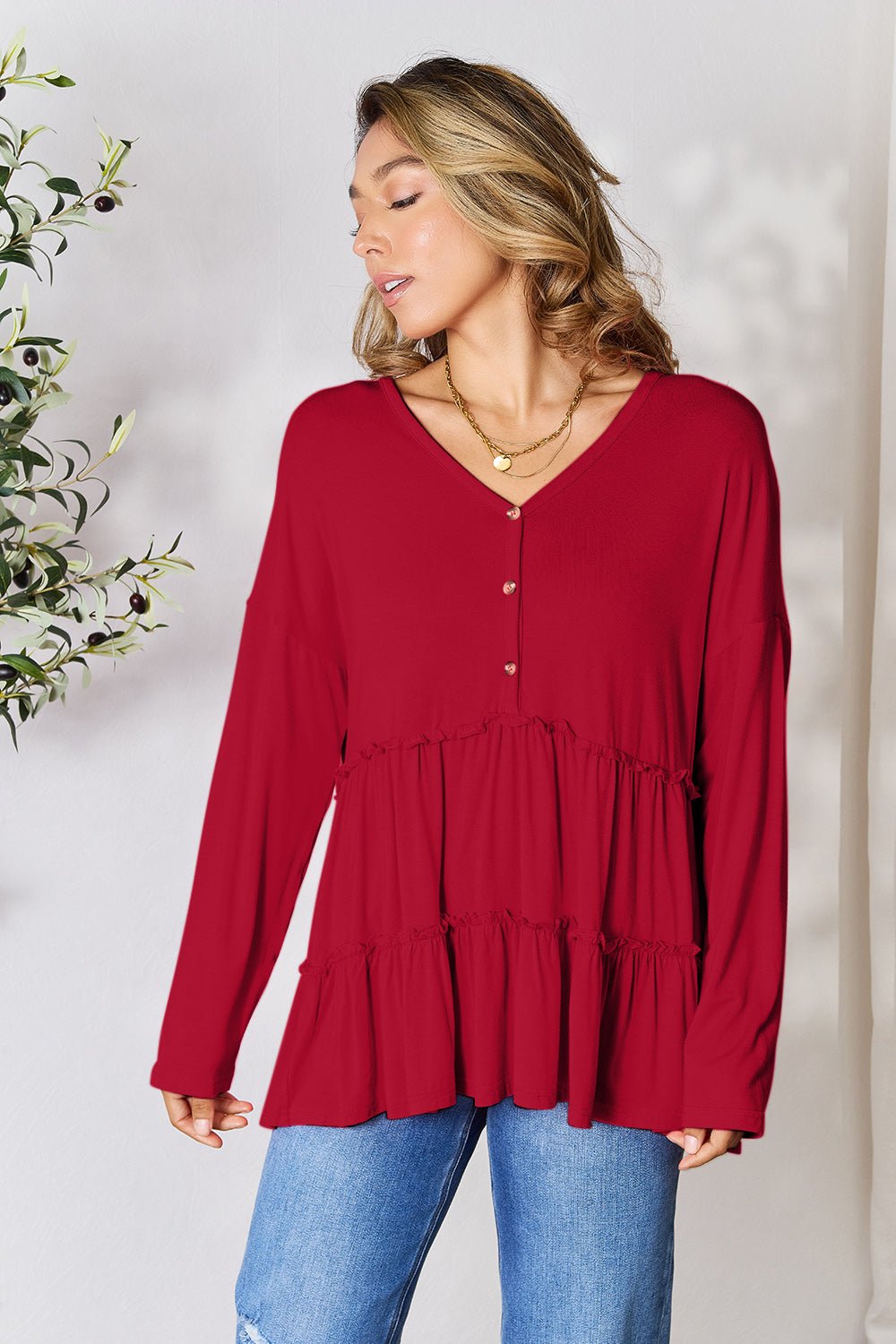 Double Take - Half Button Long Sleeve Babydoll Blouse