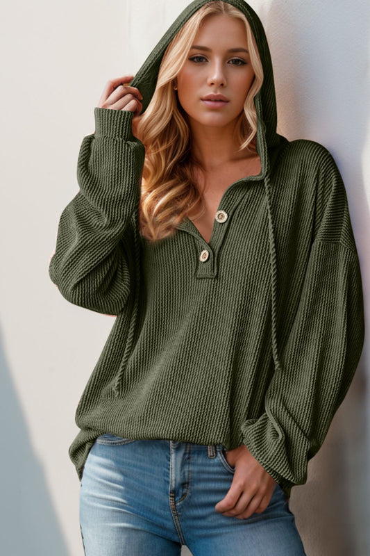 Double Take - Half Button Long Sleeve Hoodie