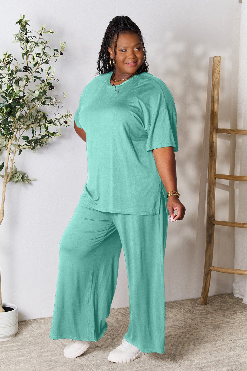 Double Take - Half Sleeve Tunic Top and Pants Set