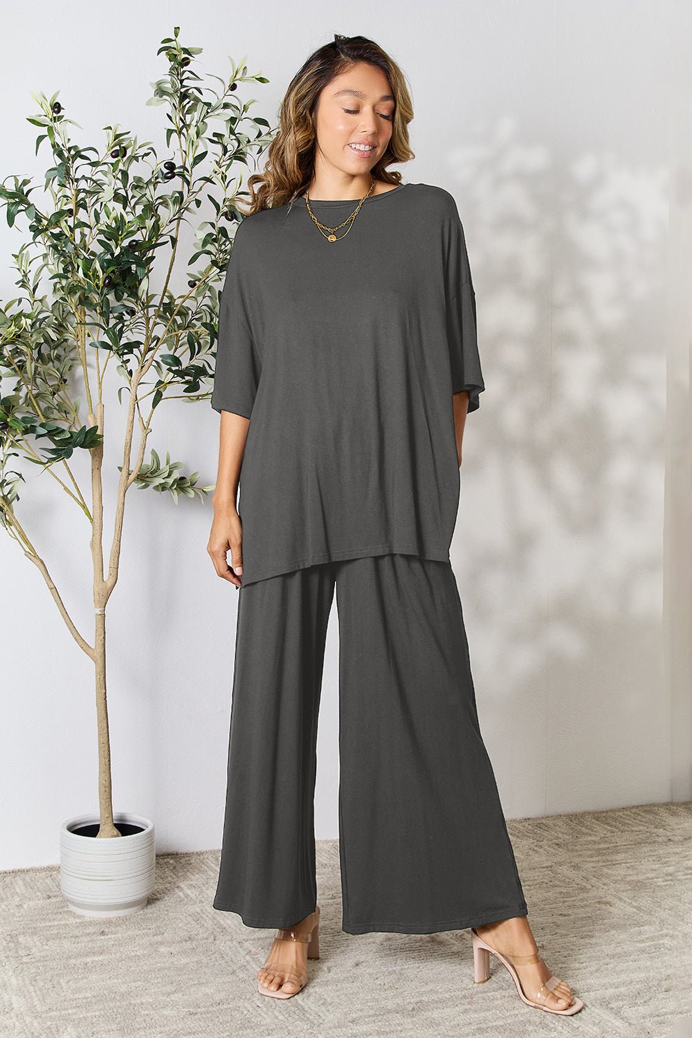 Double Take - Half Sleeve Tunic Top and Pants Set