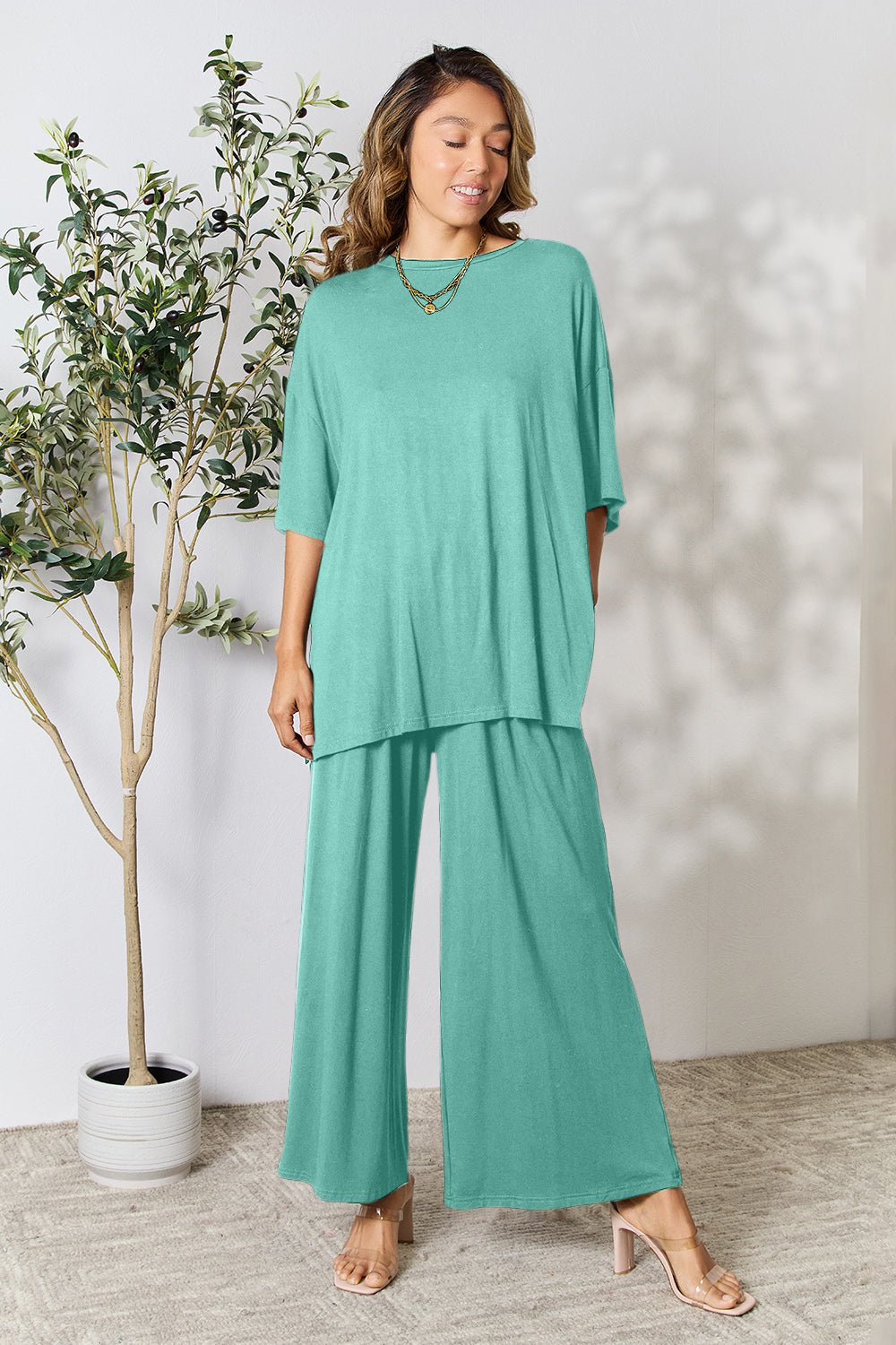 Double Take - Half Sleeve Tunic Top and Pants Set