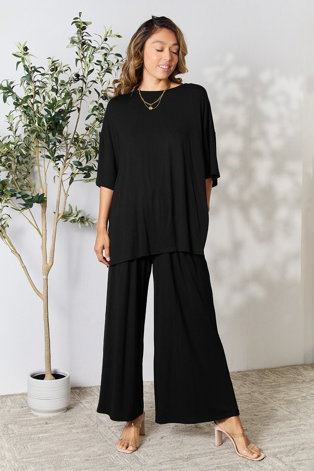 Double Take - Half Sleeve Tunic Top and Pants Set