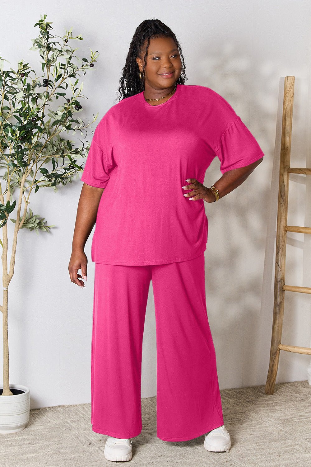 Double Take - Half Sleeve Tunic Top and Pants Set