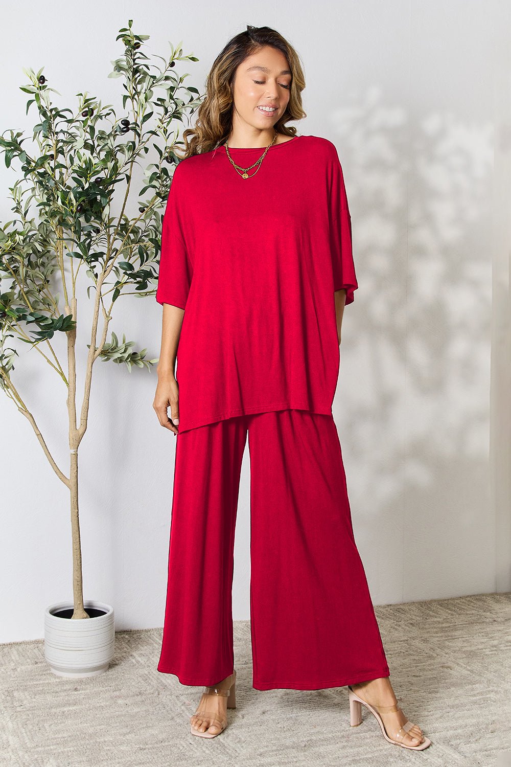 Double Take - Half Sleeve Tunic Top and Pants Set