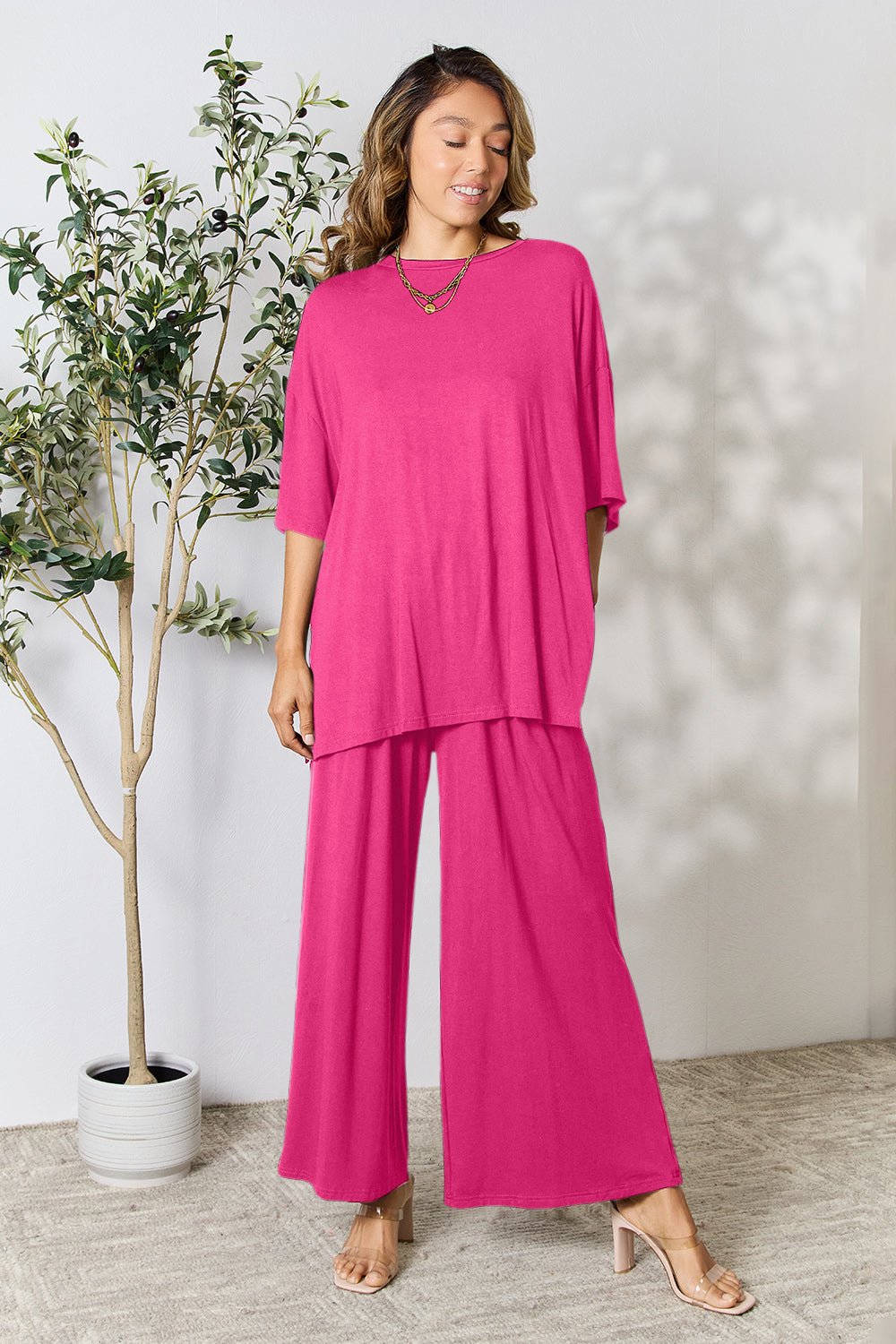 Double Take - Half Sleeve Tunic Top and Pants Set