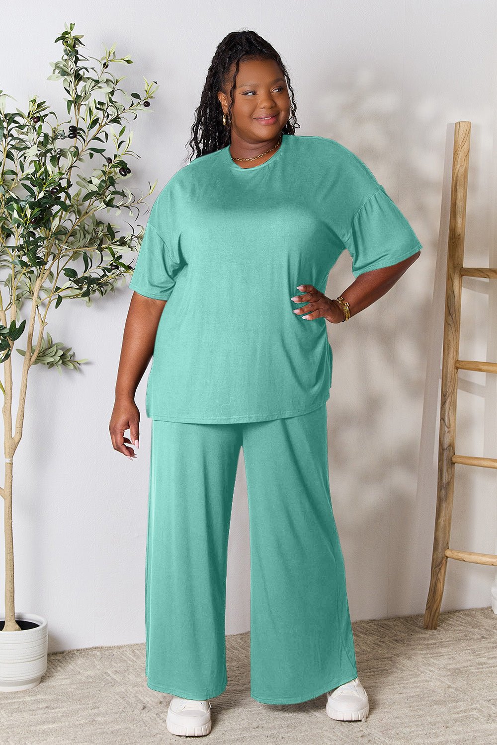 Double Take - Half Sleeve Tunic Top and Pants Set