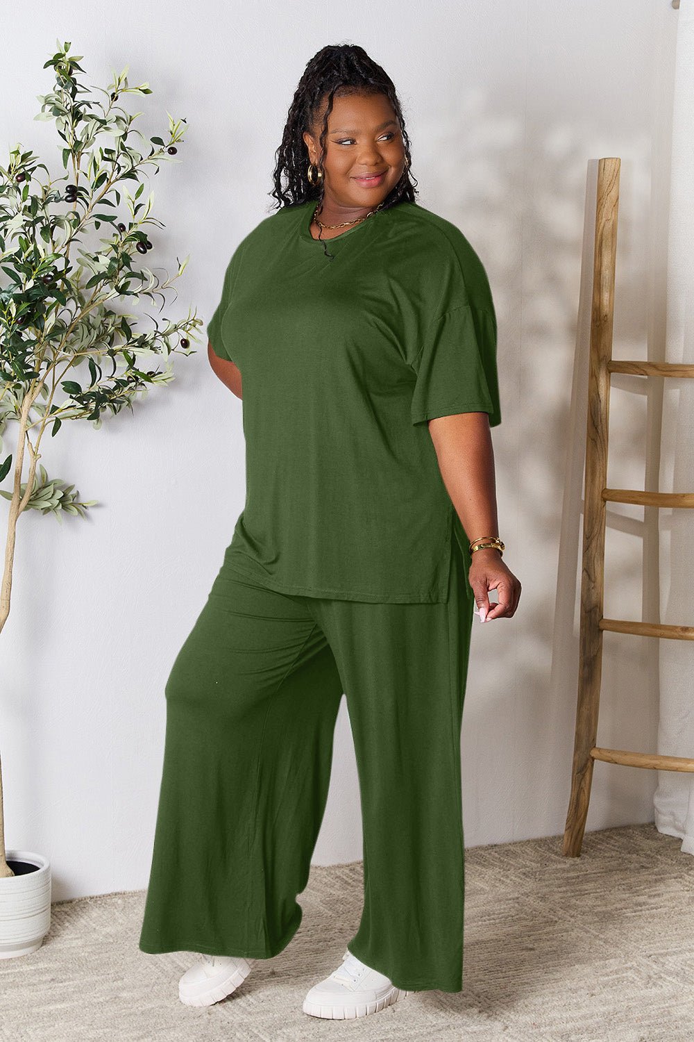 Double Take - Half Sleeve Tunic Top and Pants Set