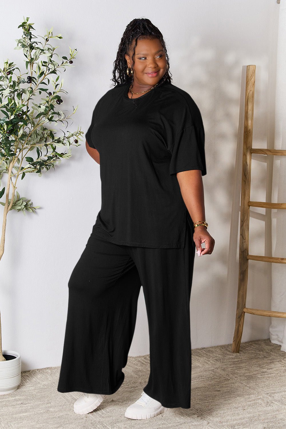 Double Take - Half Sleeve Tunic Top and Pants Set