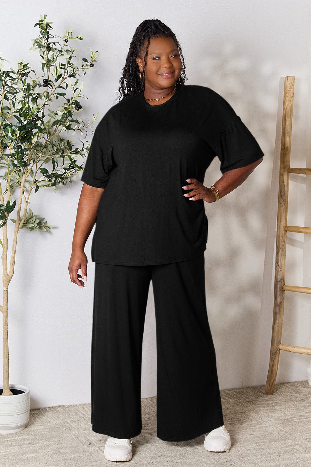 Double Take - Half Sleeve Tunic Top and Pants Set