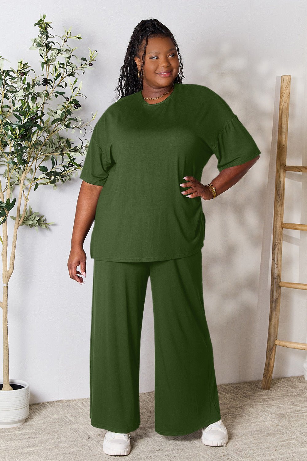 Double Take - Half Sleeve Tunic Top and Pants Set