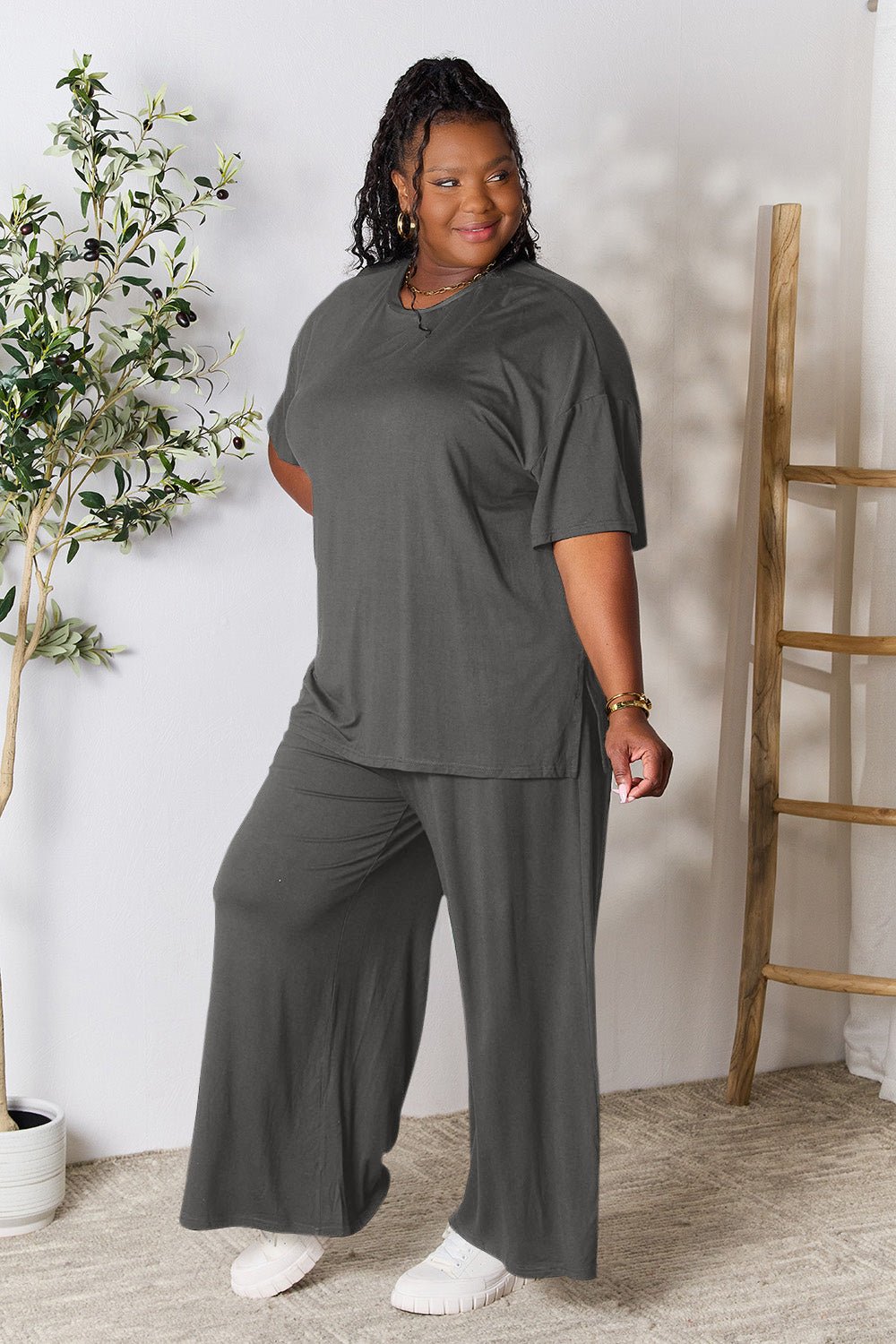 Double Take - Half Sleeve Tunic Top and Pants Set