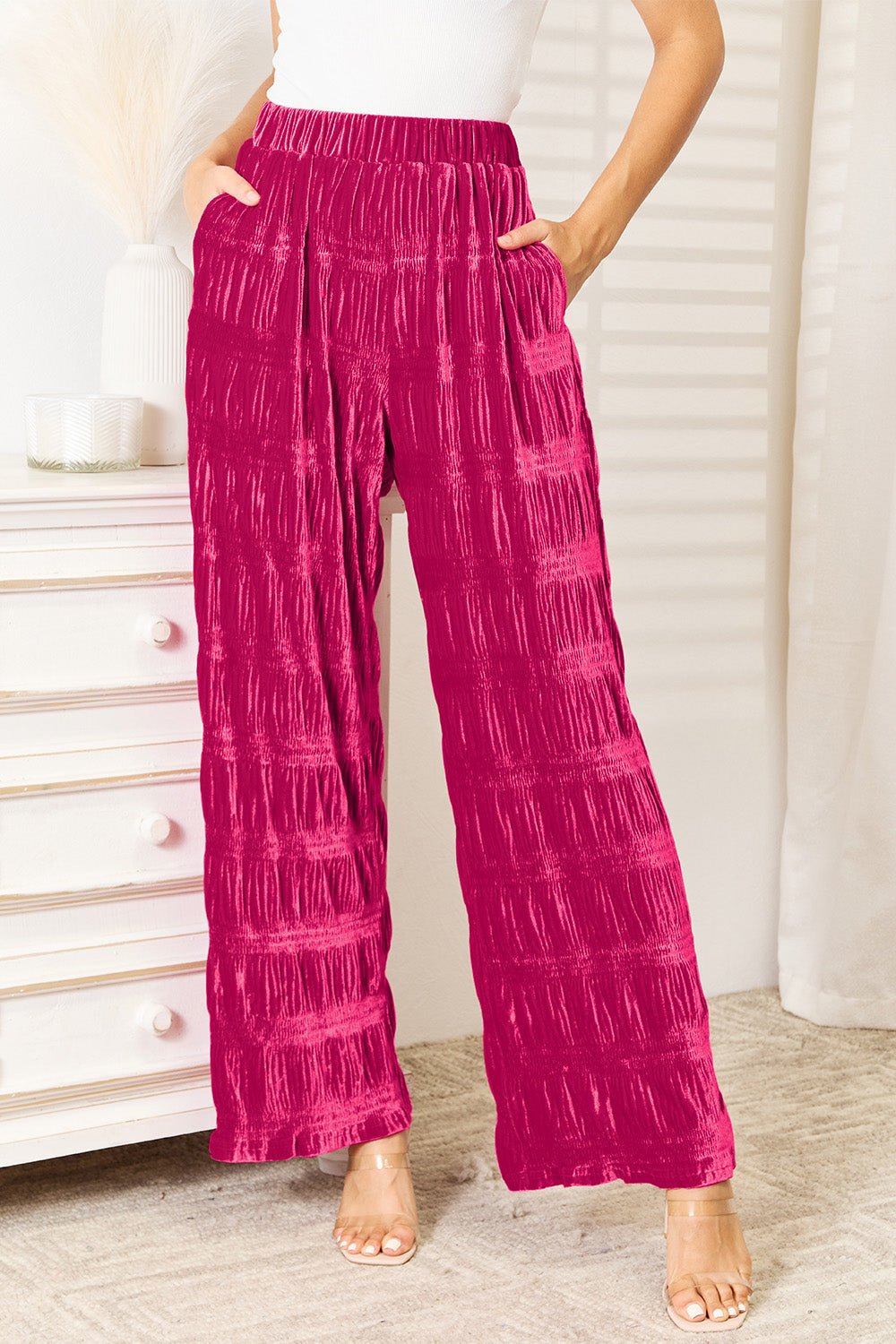 Double Take - High Waist Shirred Velvet Wide Leg Pants in Hot Pink