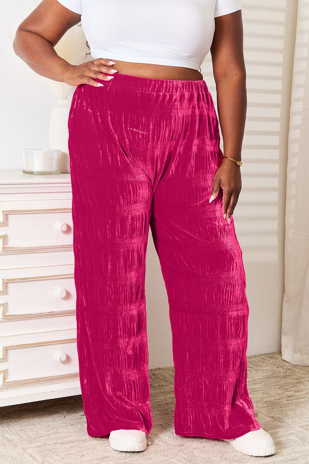 Double Take - High Waist Shirred Velvet Wide Leg Pants in Hot Pink