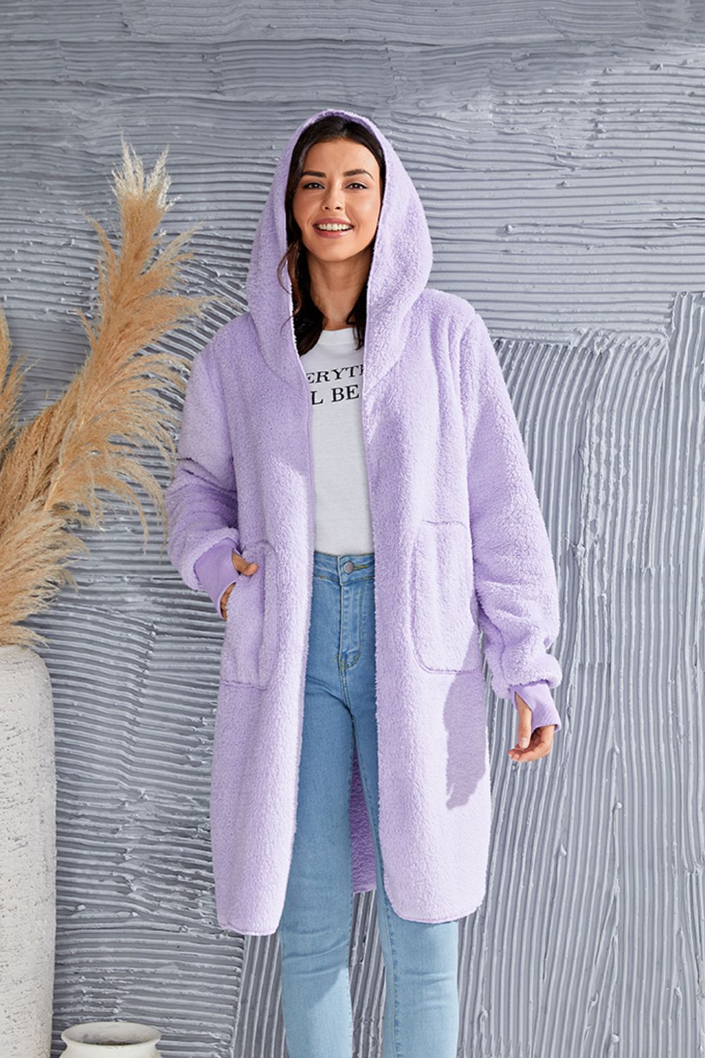 Double Take - Hooded Teddy Bear Jacket with Thumbholes