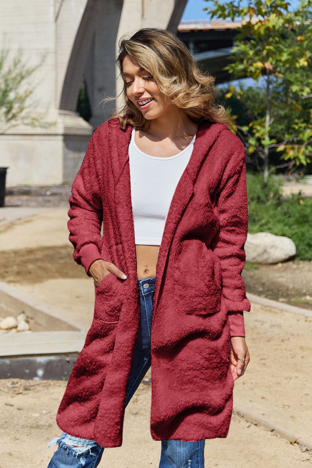 Double Take - Hooded Teddy Bear Jacket with Thumbholes