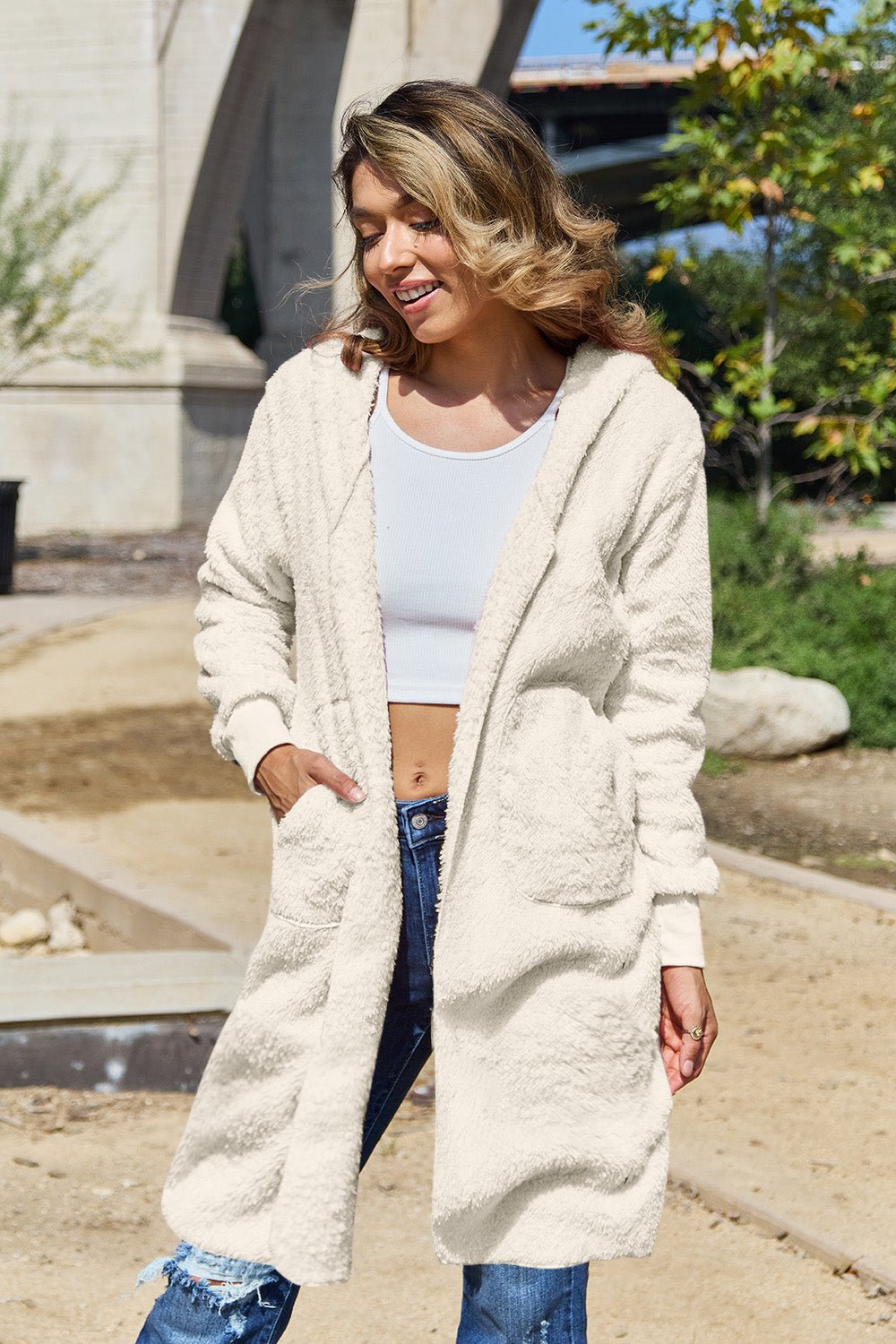 Double Take - Hooded Teddy Bear Jacket with Thumbholes