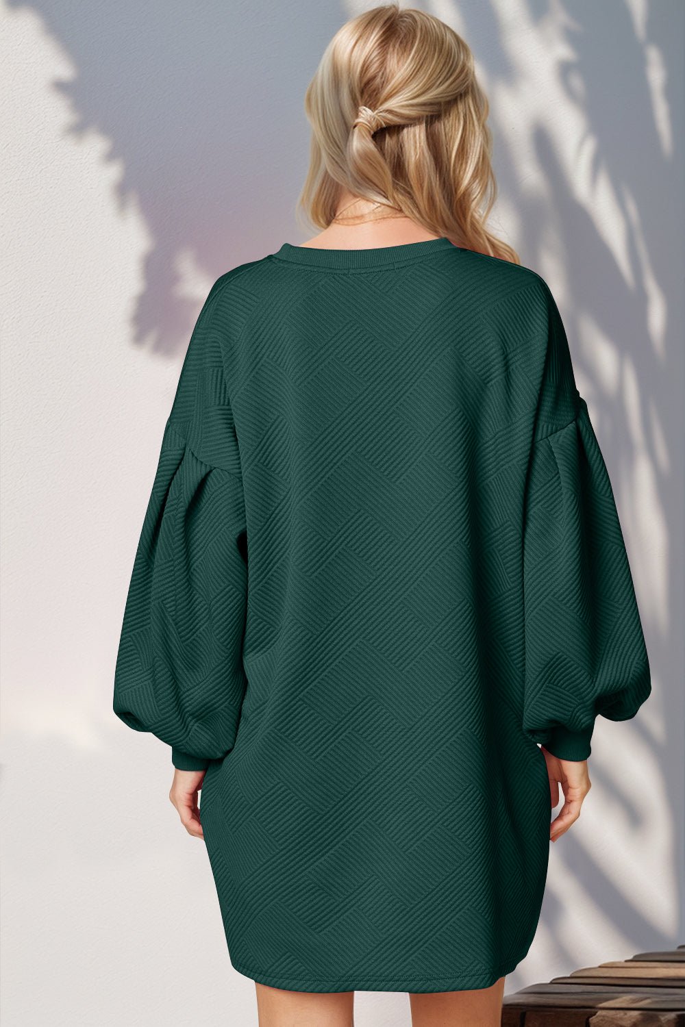 Double Take - Lantern Sleeve Mini Dress with Pockets in Dark Green