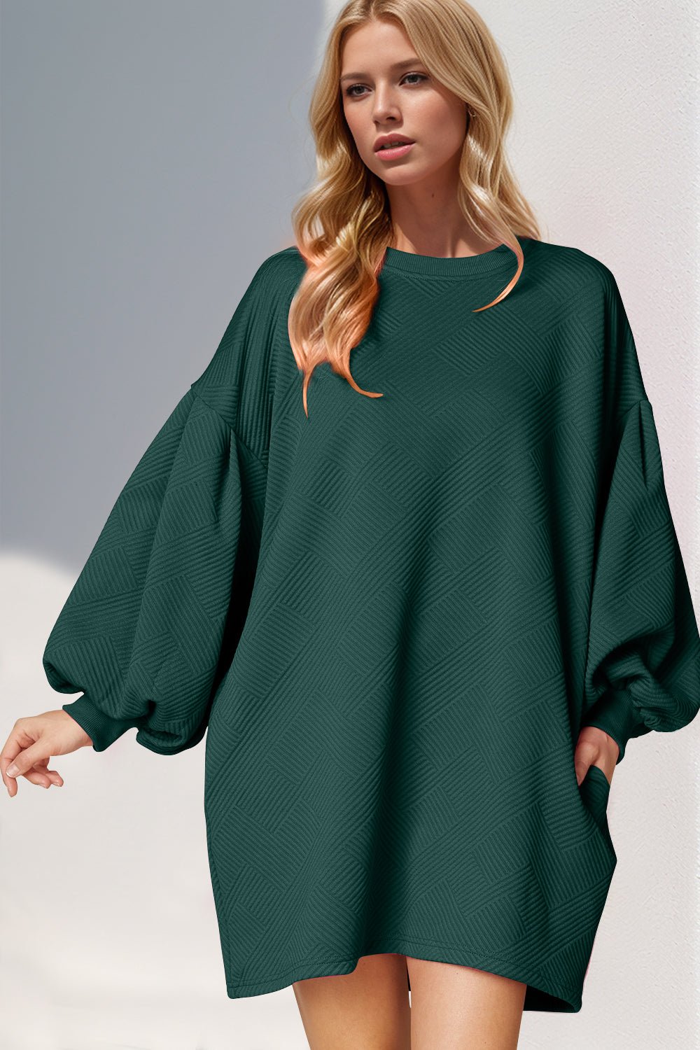 Double Take - Lantern Sleeve Mini Dress with Pockets in Dark Green