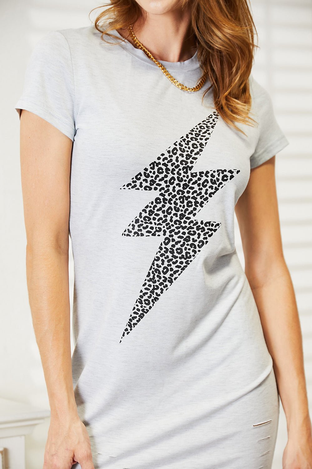 Double Take - Leopard Lightning Bolt Graphic Mini Tee Dress in Light Gray