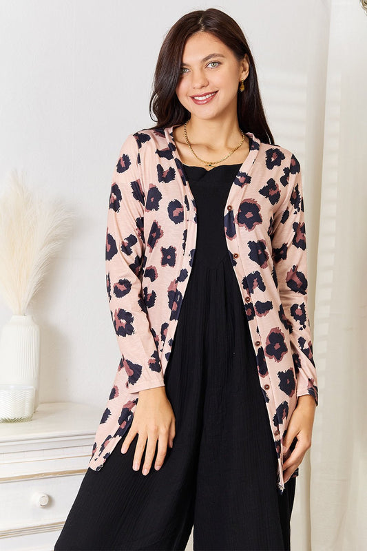 Double Take - Leopard Print Button Front Longline Cardigan