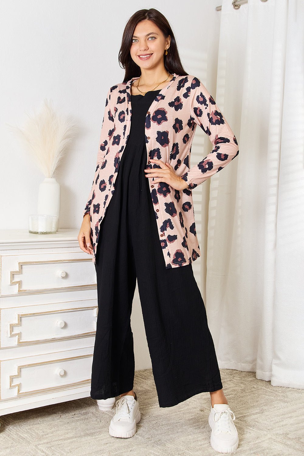 Double Take - Leopard Print Button Front Longline Cardigan