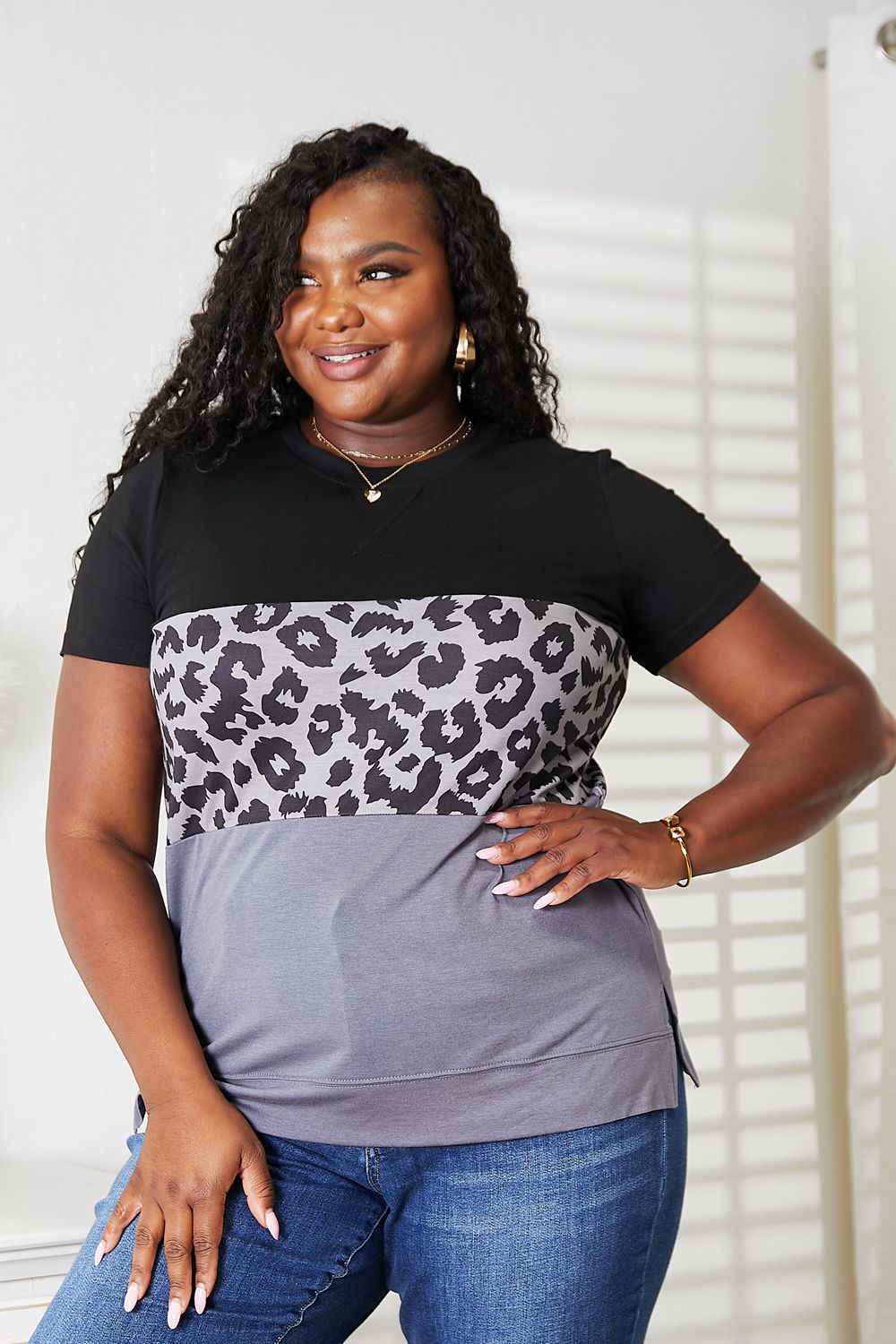 Double Take - Leopard Print Color Block Short Sleeve T-Shirt in Black