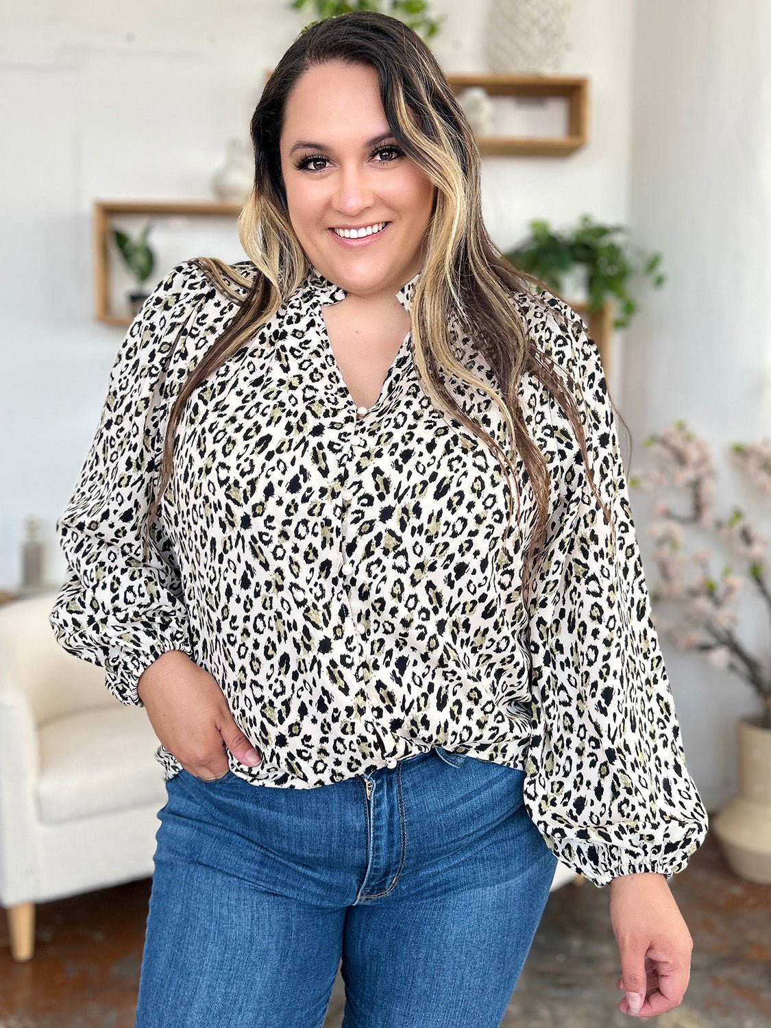 Double Take - Leopard Print Long Sleeve Blouse