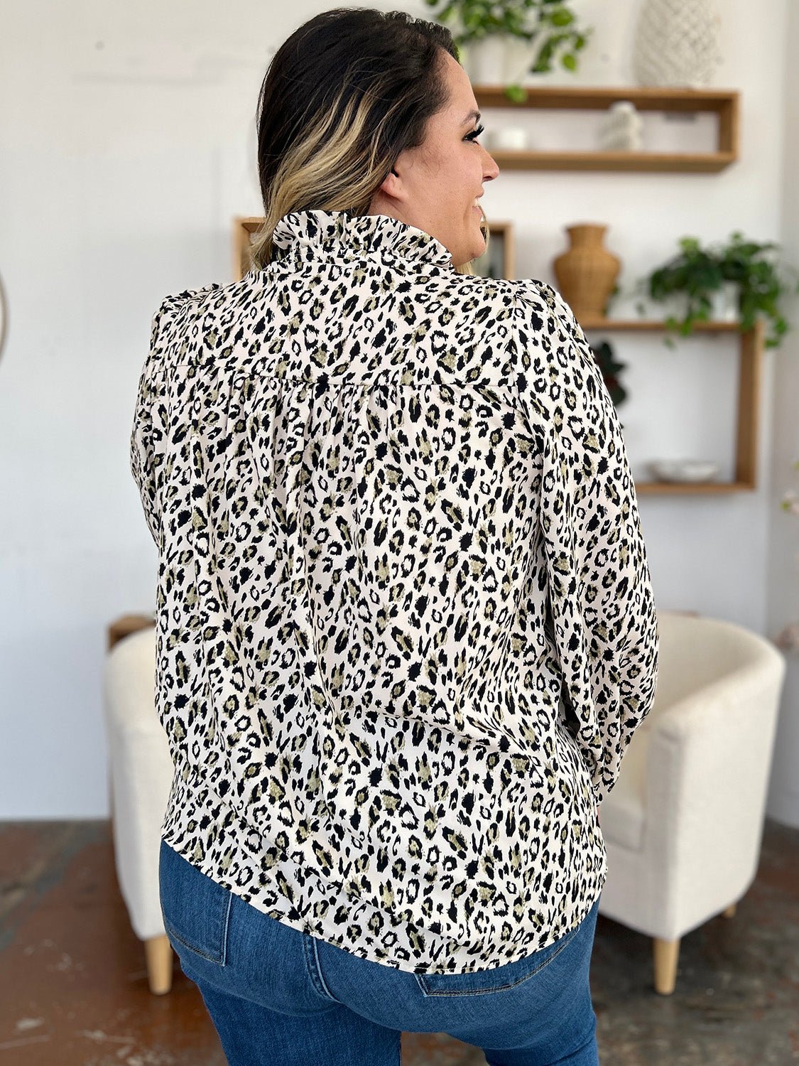 Double Take - Leopard Print Long Sleeve Blouse