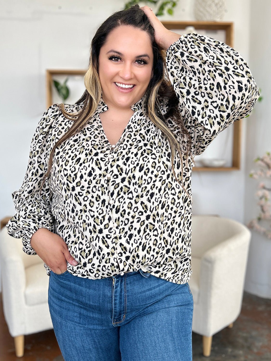 Double Take - Leopard Print Long Sleeve Blouse