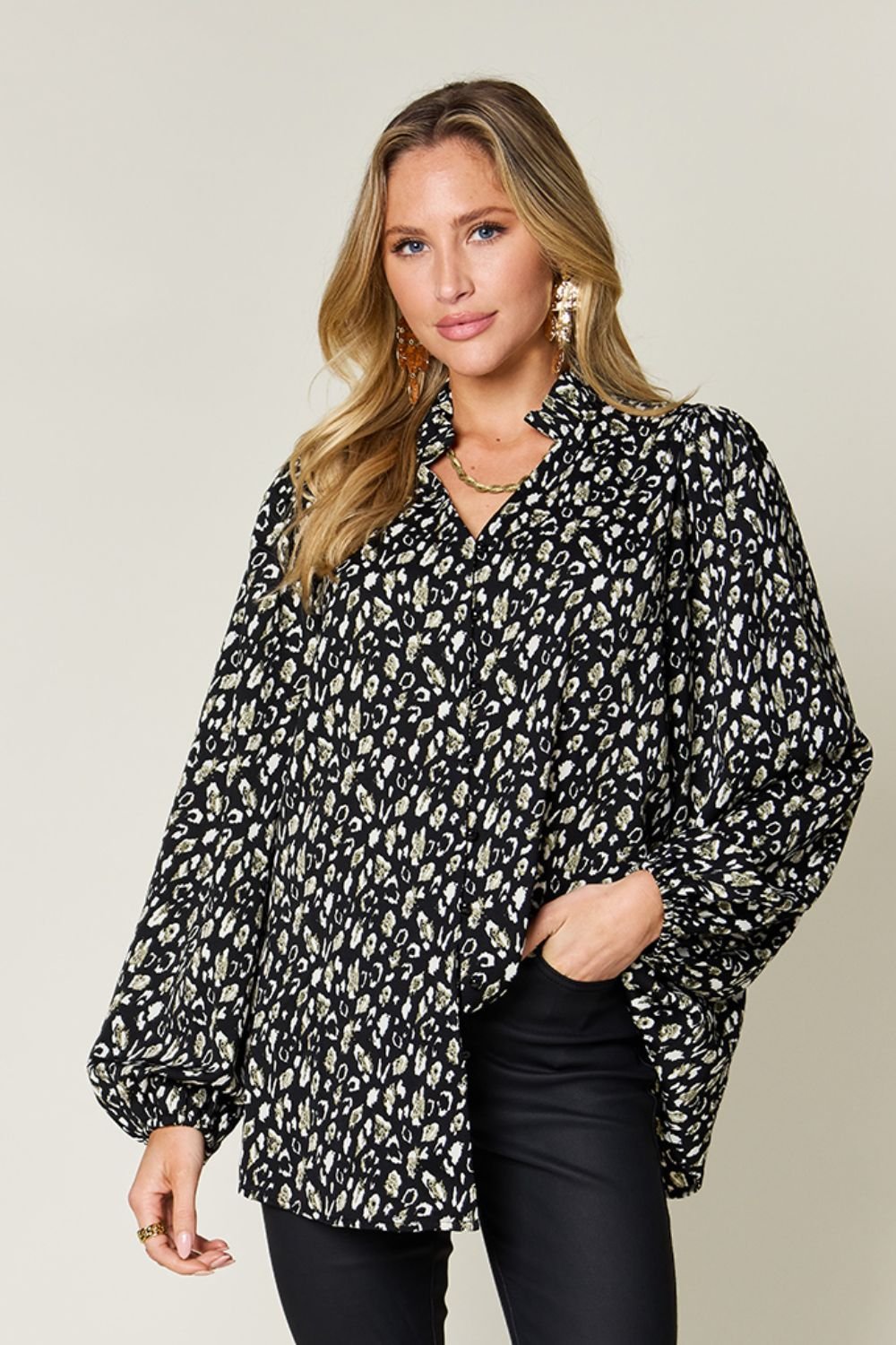 Double Take - Leopard Print Long Sleeve Blouse