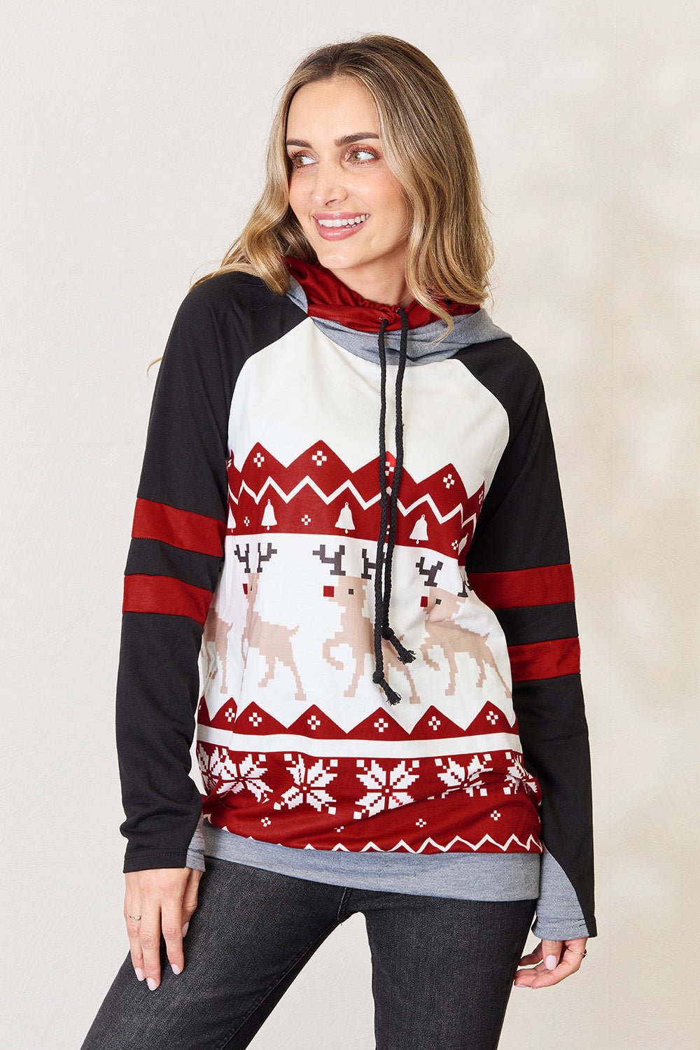 Double Take - Long Sleeve Christmas Hoodie in Brick Red