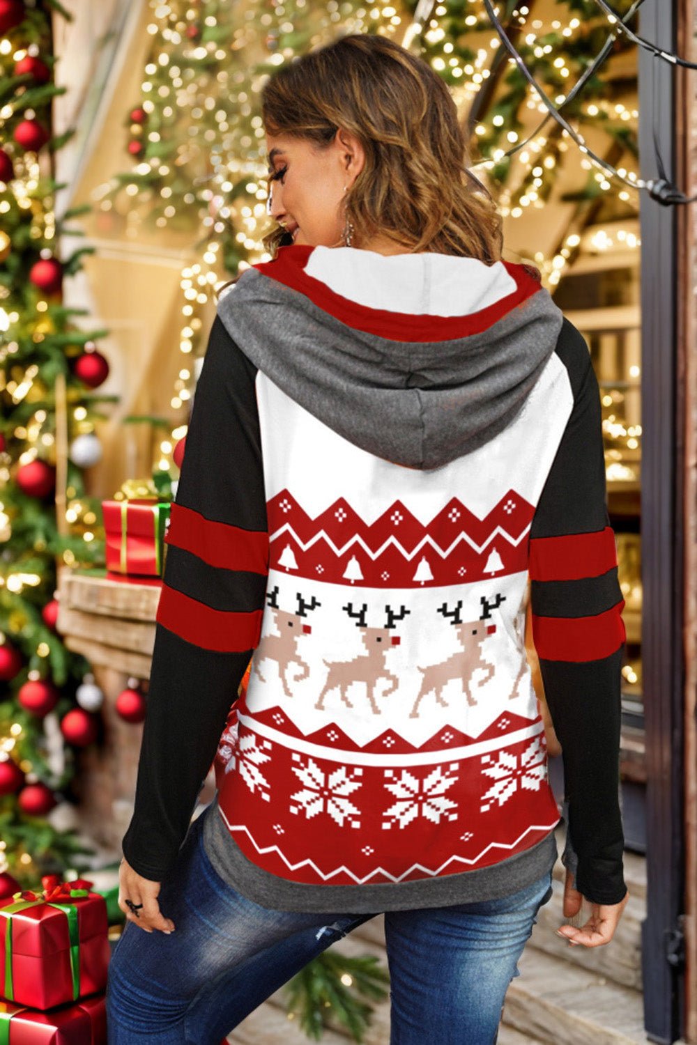 Double Take - Long Sleeve Christmas Hoodie in Brick Red