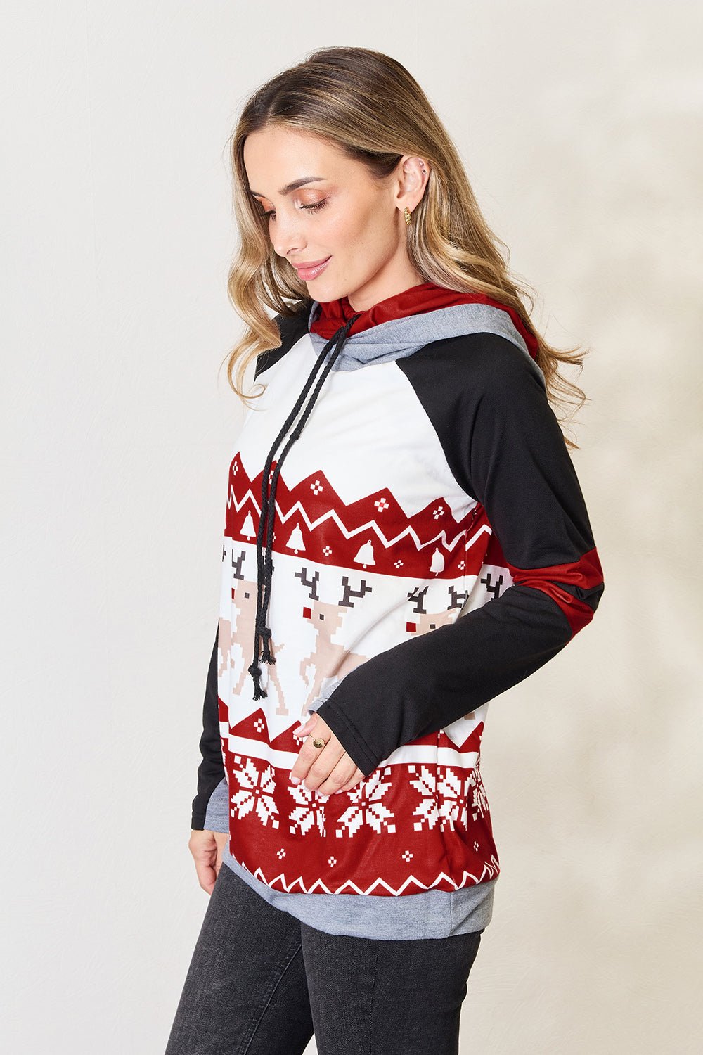 Double Take - Long Sleeve Christmas Hoodie in Brick Red