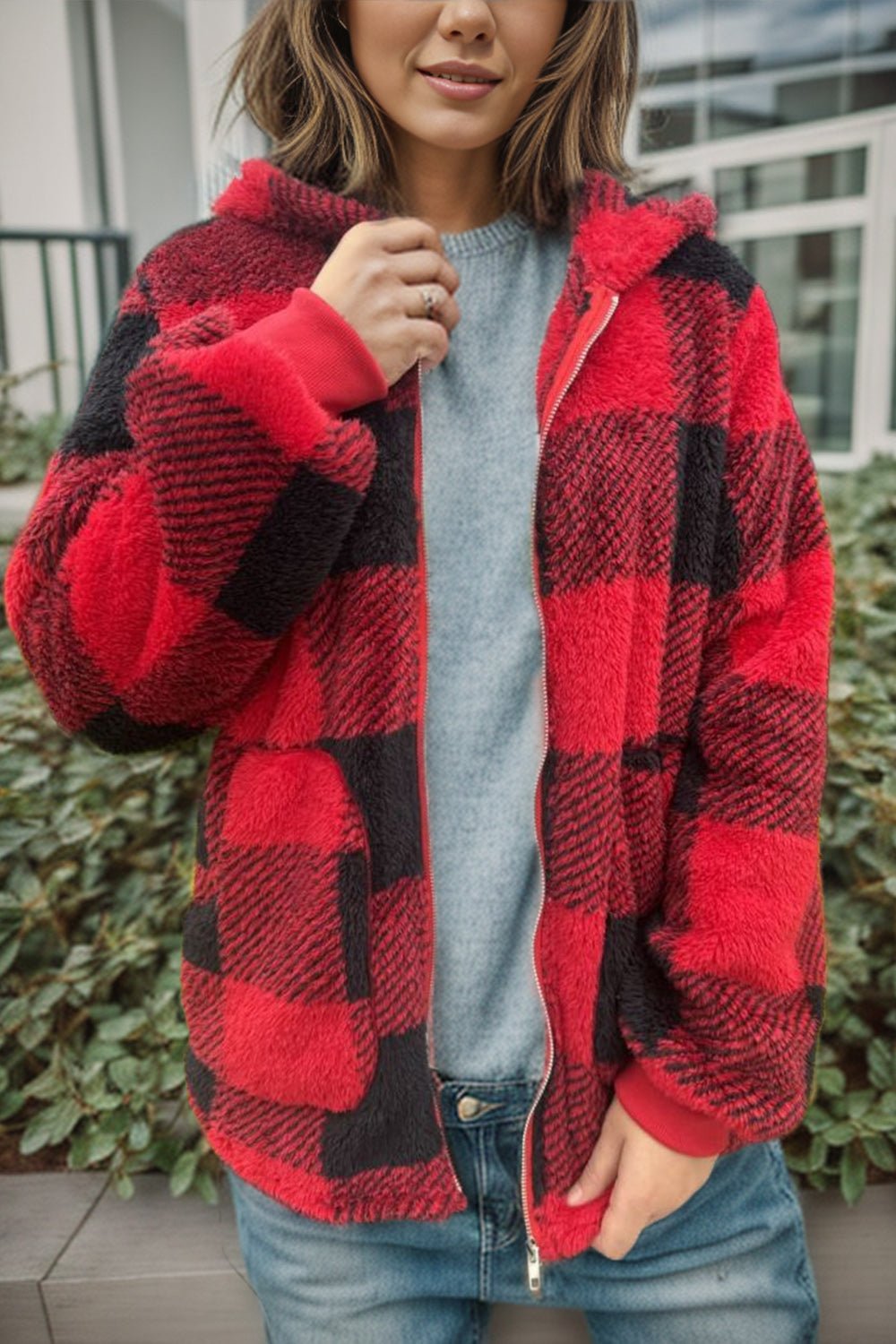 Double Take - Long Sleeve Hooded Plaid Coat