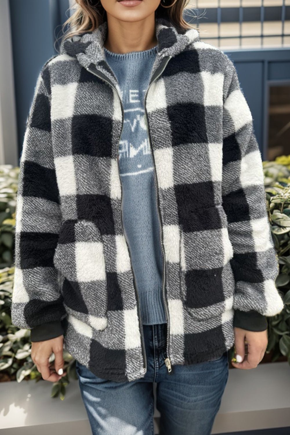 Double Take - Long Sleeve Hooded Plaid Coat